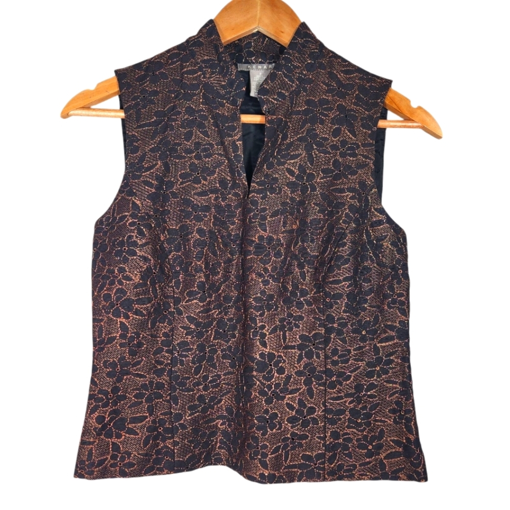 Kenar NWT Shiny Floral Sleeveless Top Black Brown Size 2 Partial Zip On Side